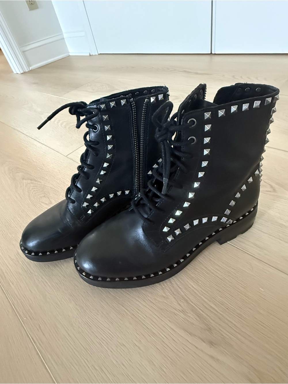 Ash Black Leather Studded Lace-Up Combat Boots
